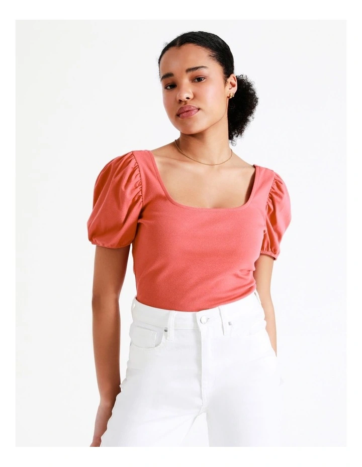 Square Neck Puff Tee In Coral - Image 5