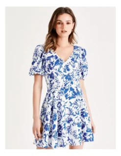 European Linen Blend Belted Mini Dress In Cobalt