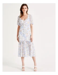 Ruched Detail Puff Sleeve Midi Dress In Tropical