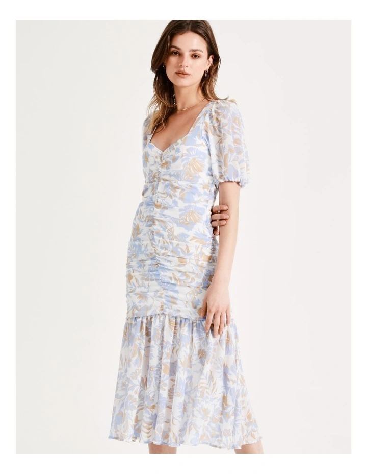 Ruched Detail Puff Sleeve Midi Dress In Tropical - Image 2