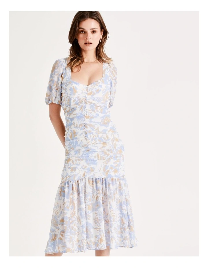 Ruched Detail Puff Sleeve Midi Dress In Tropical - Image 4