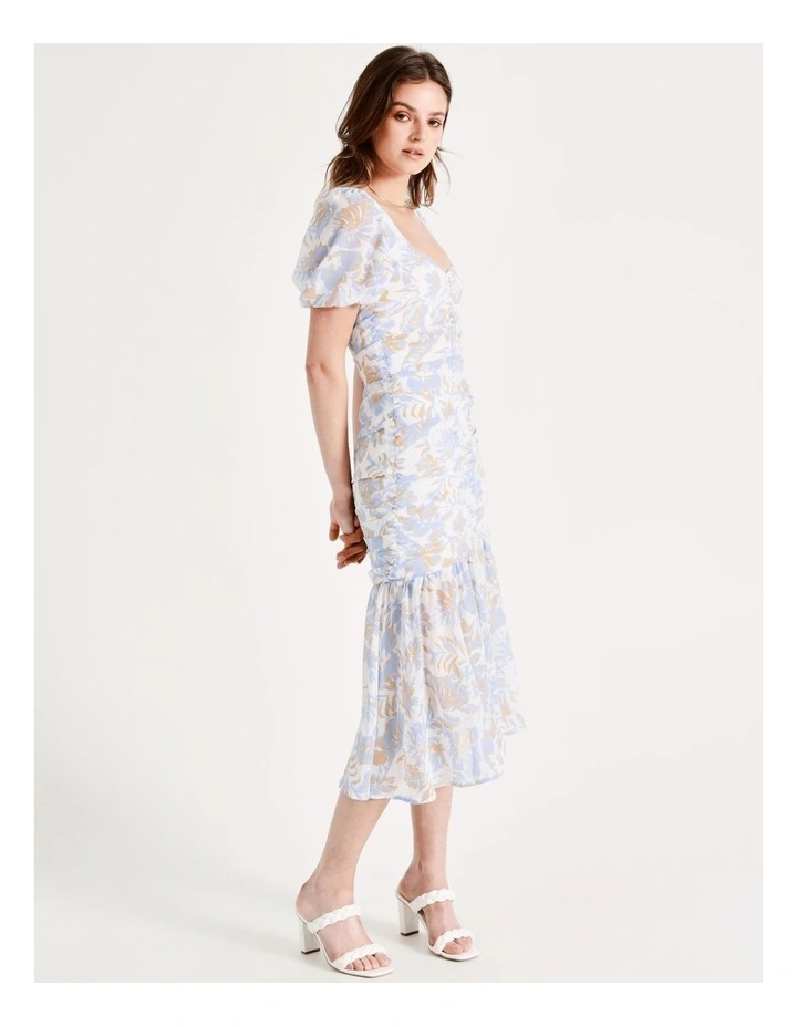 Ruched Detail Puff Sleeve Midi Dress In Tropical - Image 5