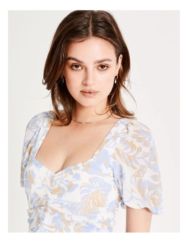 Ruched Detail Puff Sleeve Midi Dress In Tropical - Image 6