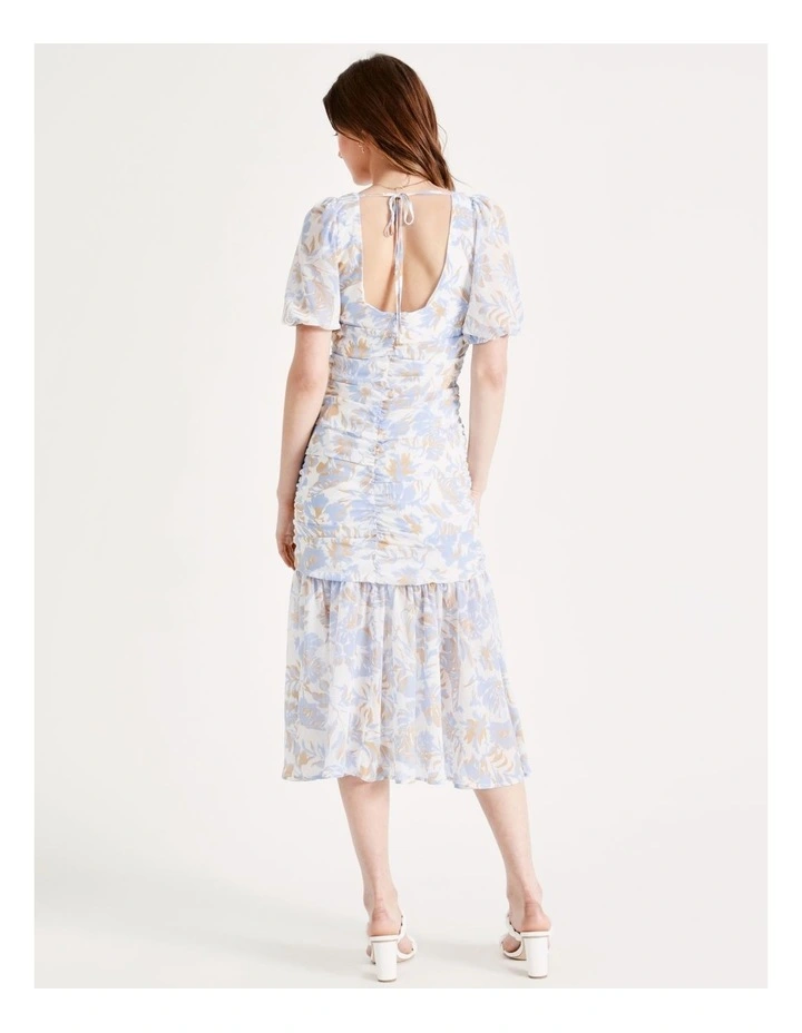 Ruched Detail Puff Sleeve Midi Dress In Tropical - Image 7