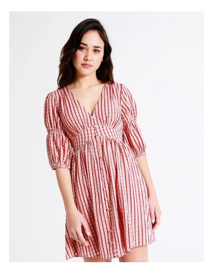 Petite Puff Sleeve Button Through Check Mini Dress In Coral - Image 2