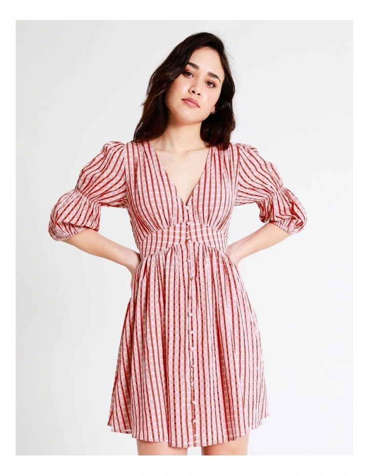 Petite Puff Sleeve Button Through Check Mini Dress In Coral - Image 5