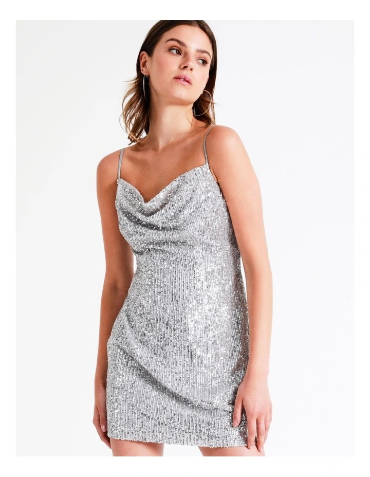 Sequin Cowl Neck Mini Dress In Silver - Image 2