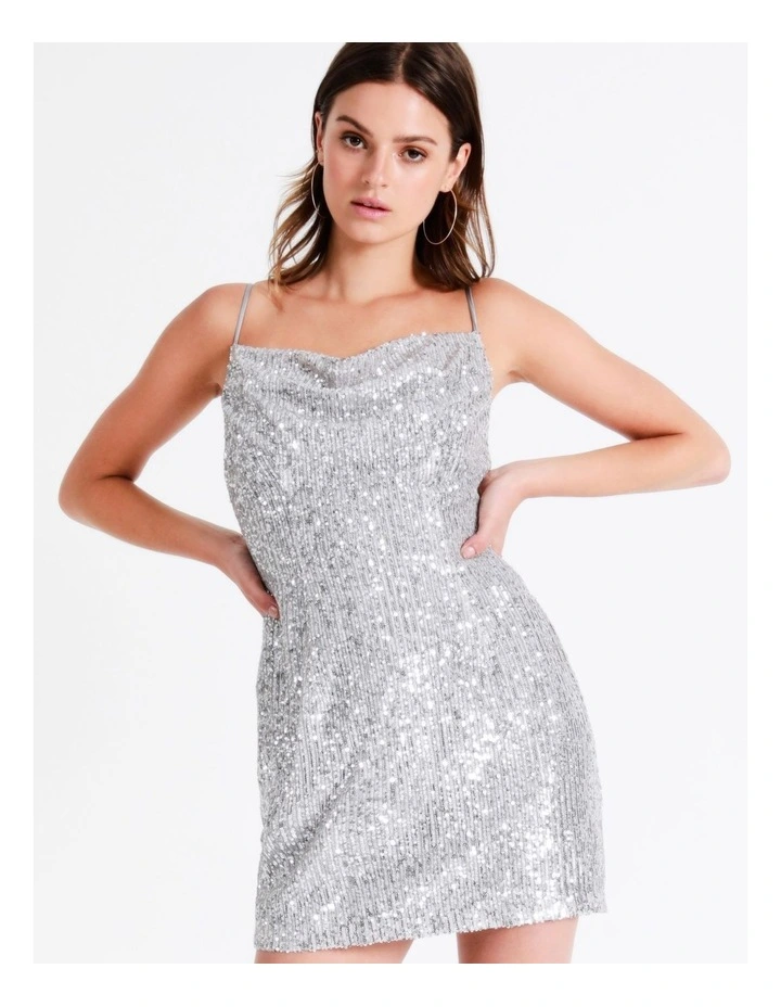 Sequin Cowl Neck Mini Dress In Silver - Image 3
