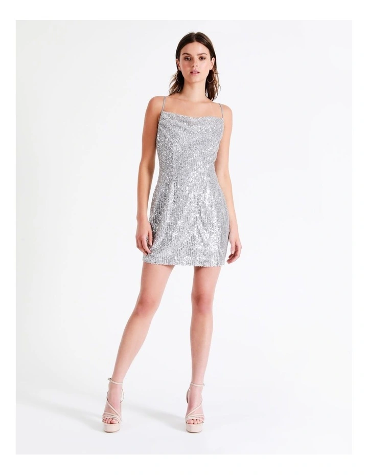 Sequin Cowl Neck Mini Dress In Silver - Image 4