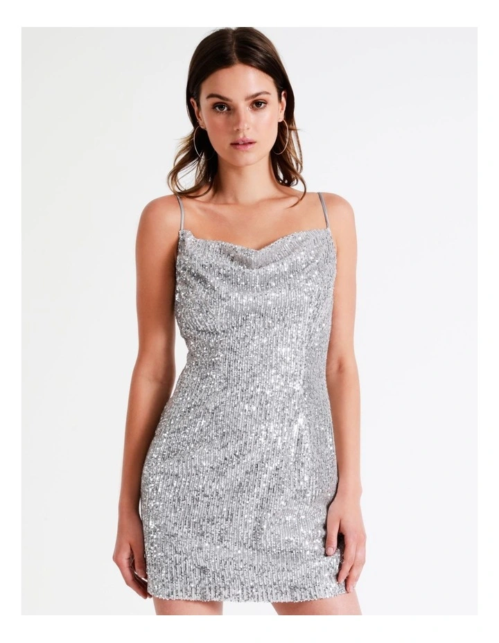 Sequin Cowl Neck Mini Dress In Silver - Image 5