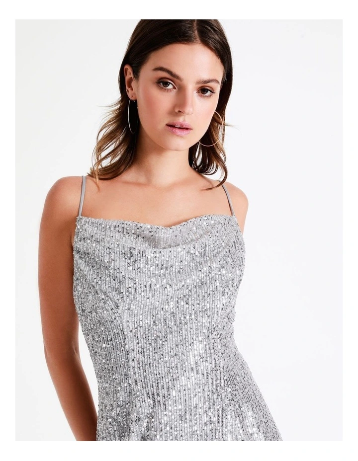 Sequin Cowl Neck Mini Dress In Silver - Image 6