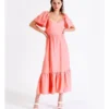 European Linen Blend Flutter Sleeve Midi Dress In Apricot