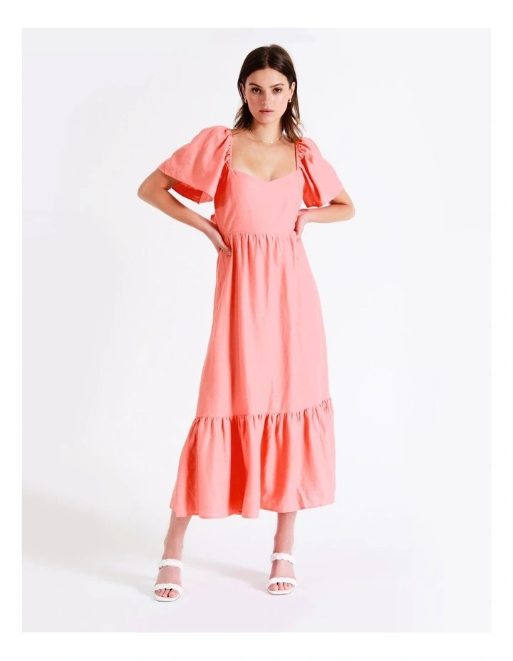 European Linen Blend Flutter Sleeve Midi Dress In Apricot