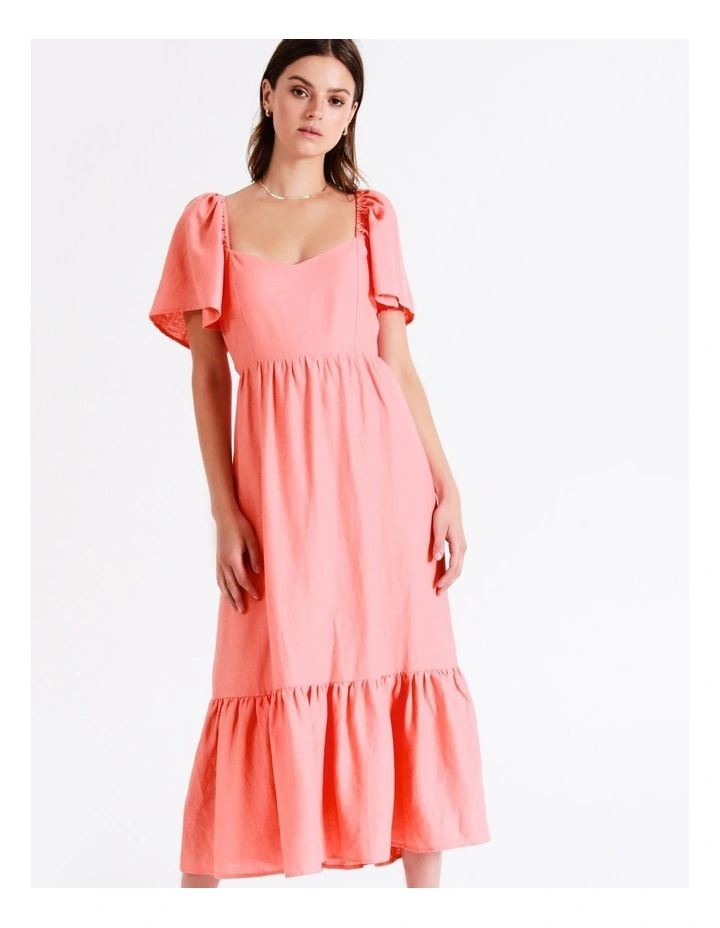 European Linen Blend Flutter Sleeve Midi Dress In Apricot - Image 3