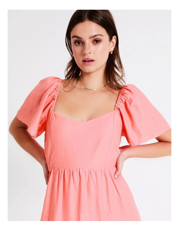 European Linen Blend Flutter Sleeve Midi Dress In Apricot - Image 4