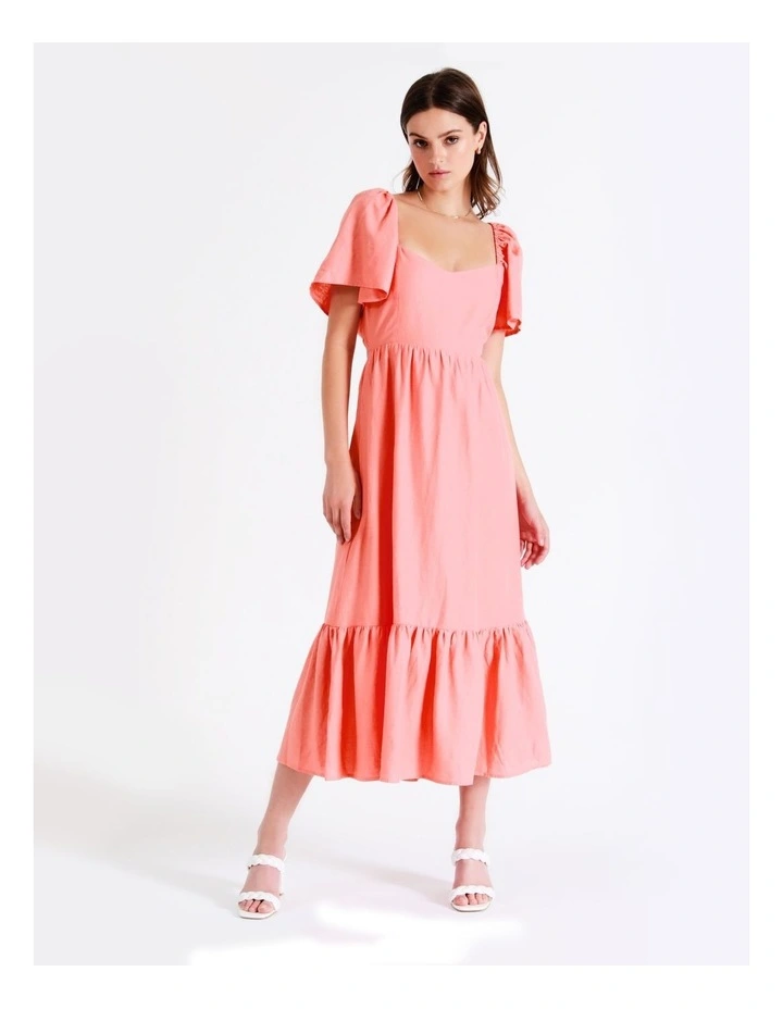 European Linen Blend Flutter Sleeve Midi Dress In Apricot - Image 5