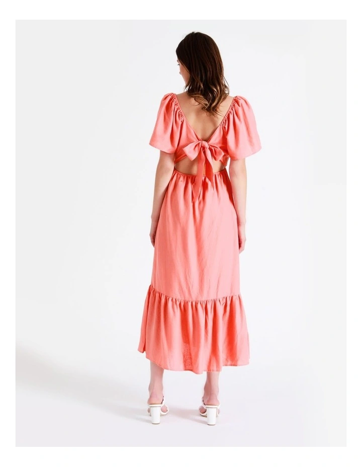 European Linen Blend Flutter Sleeve Midi Dress In Apricot - Image 6