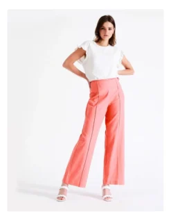 European Linen Blend High Waist Wide Leg Pants In Apricot