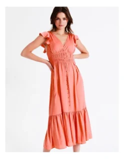Recycled Blend Smocked Satin Midi Dress In Apricot