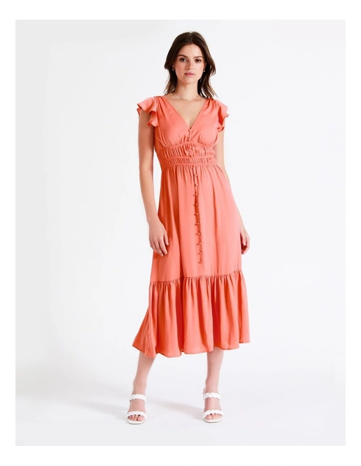 Recycled Blend Smocked Satin Midi Dress In Apricot - Image 2