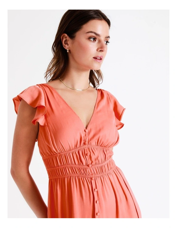 Recycled Blend Smocked Satin Midi Dress In Apricot - Image 3