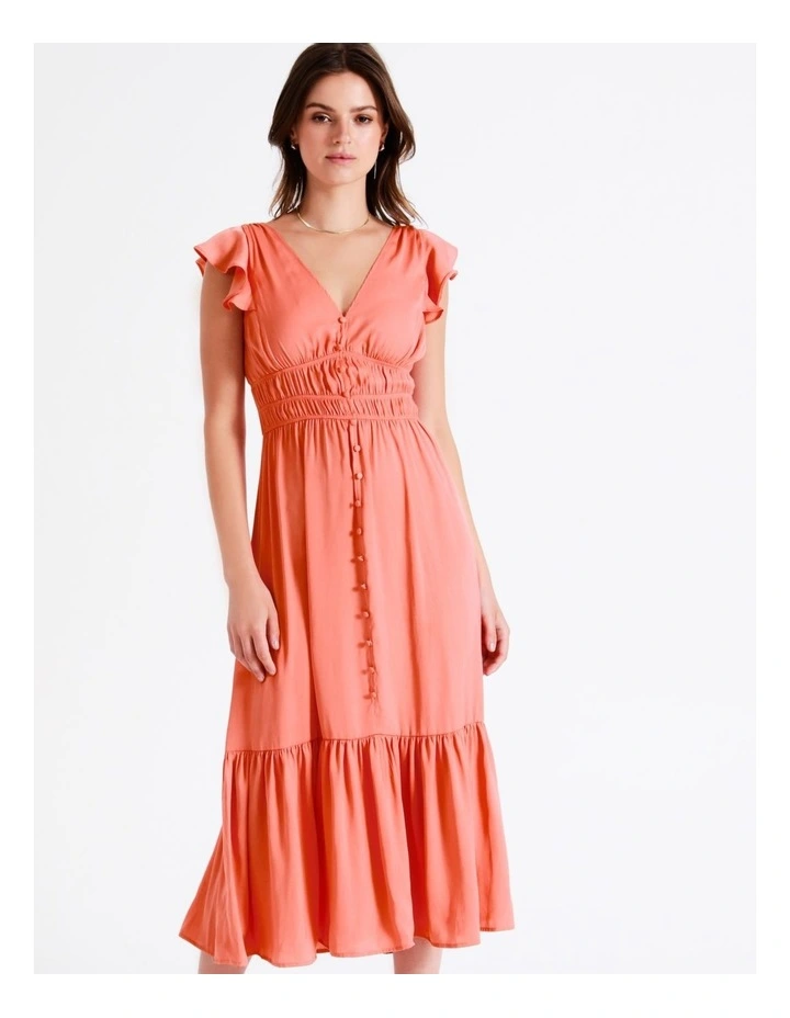 Recycled Blend Smocked Satin Midi Dress In Apricot - Image 4