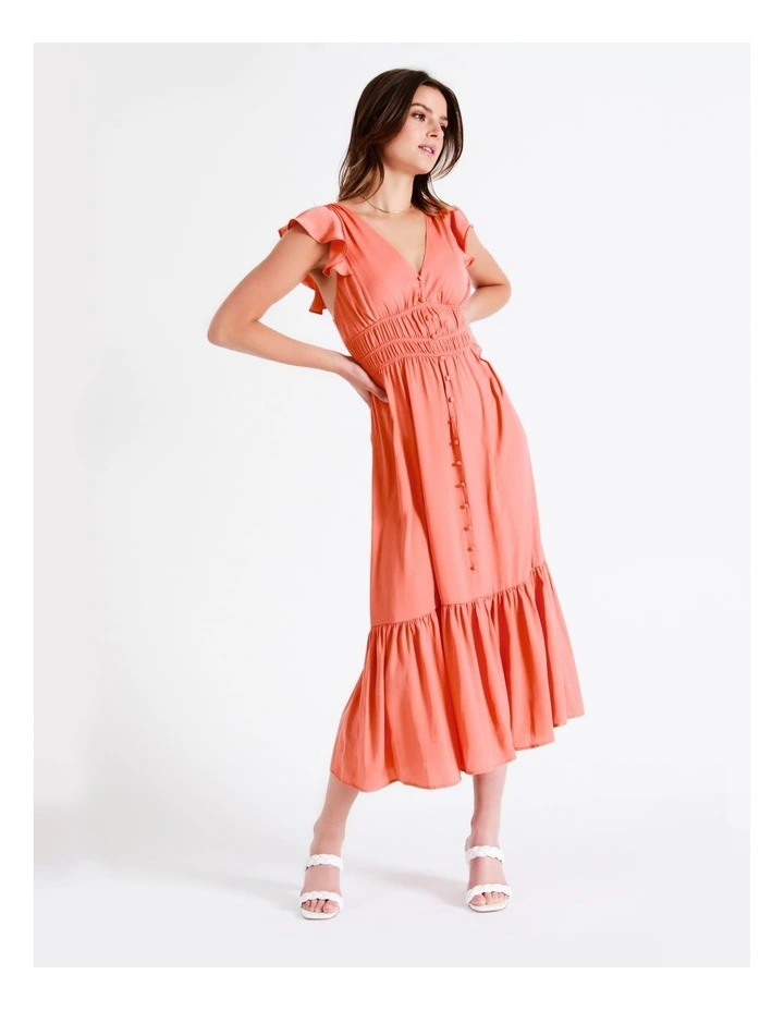 Recycled Blend Smocked Satin Midi Dress In Apricot - Image 5