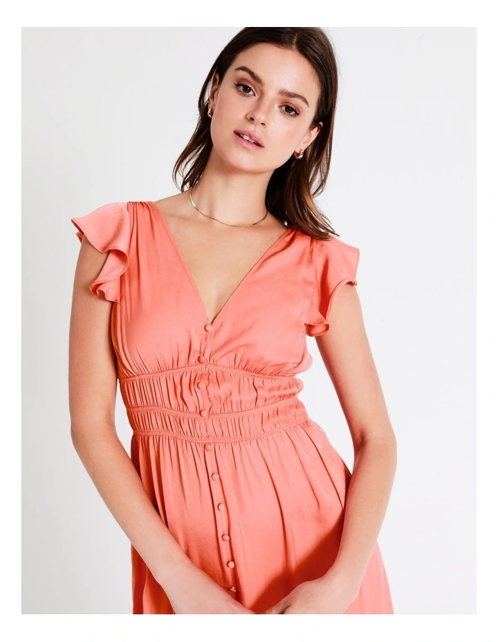 Recycled Blend Smocked Satin Midi Dress In Apricot - Image 6