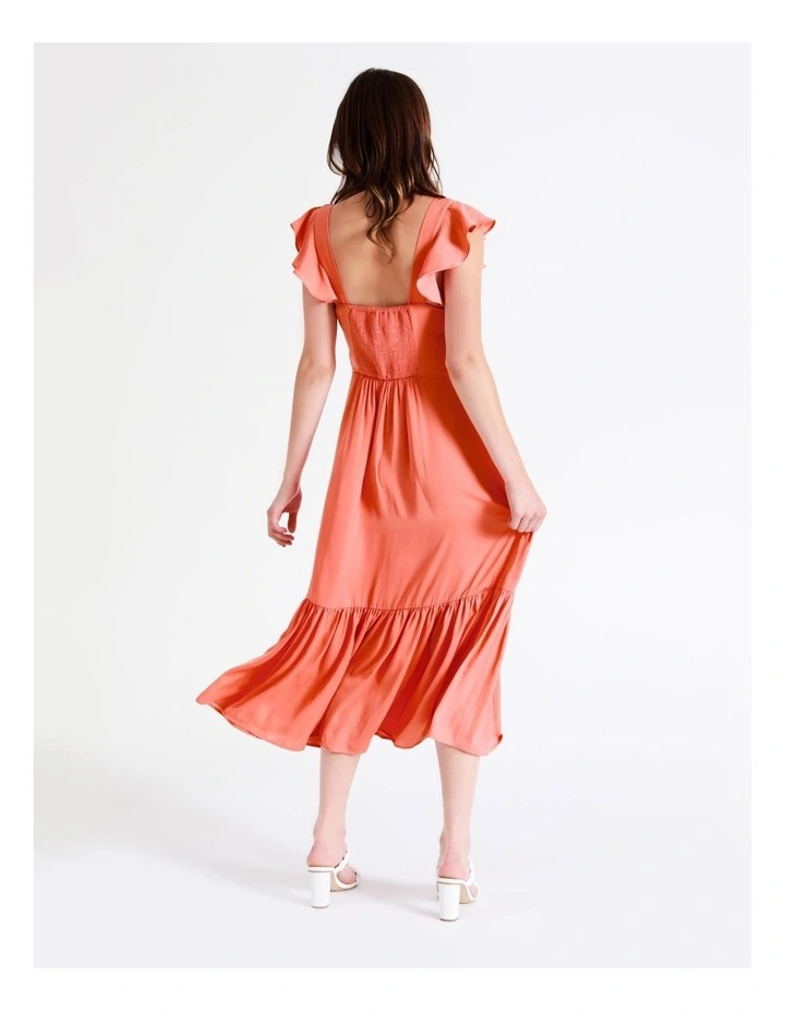 Recycled Blend Smocked Satin Midi Dress In Apricot - Image 7