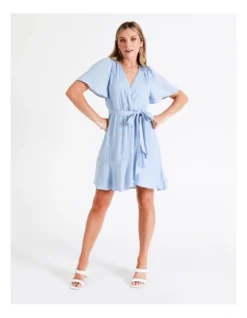 Satin Wrap Mini Dress In Dusty Blue