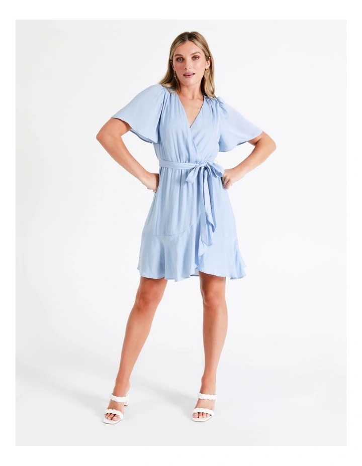 Satin Wrap Mini Dress In Dusty Blue