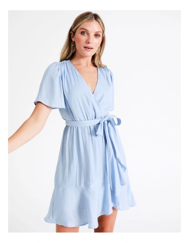 Satin Wrap Mini Dress In Dusty Blue - Image 2