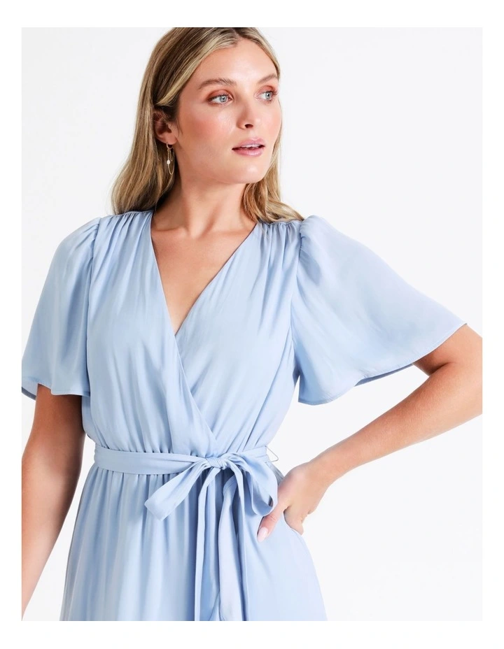 Satin Wrap Mini Dress In Dusty Blue - Image 3