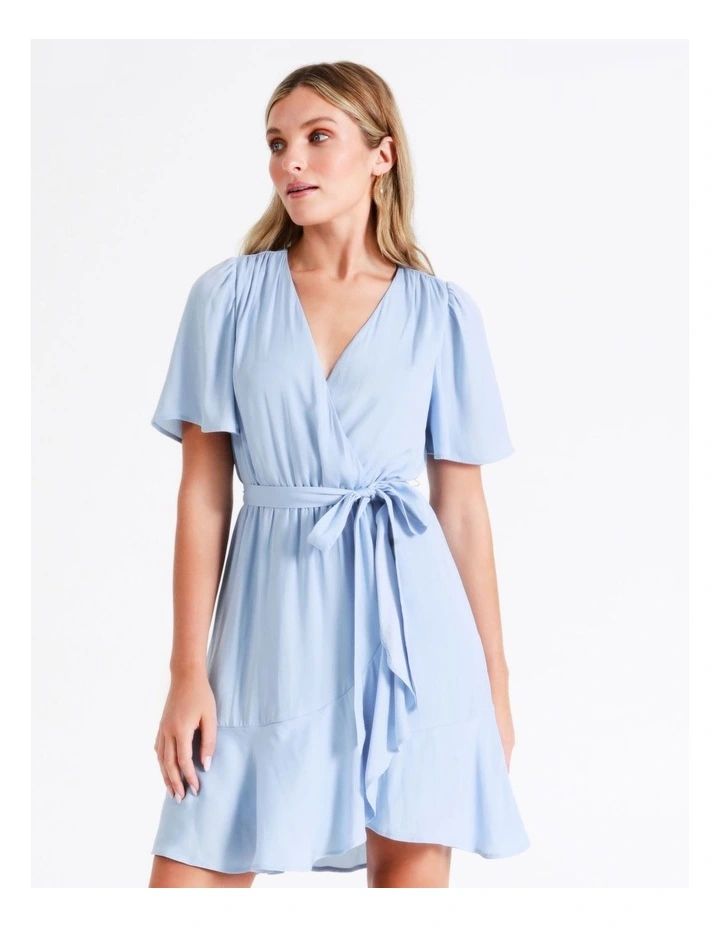 Satin Wrap Mini Dress In Dusty Blue - Image 4