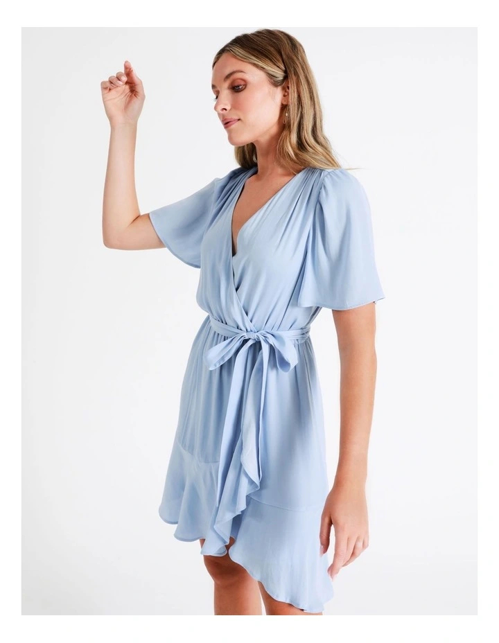 Satin Wrap Mini Dress In Dusty Blue - Image 5