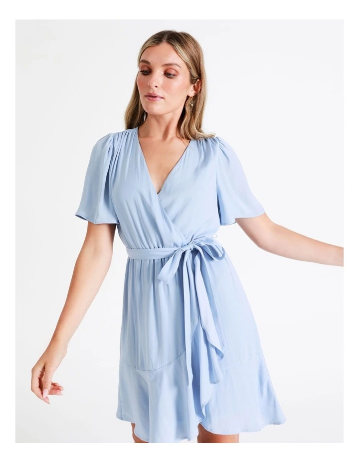 Satin Wrap Mini Dress In Dusty Blue - Image 6