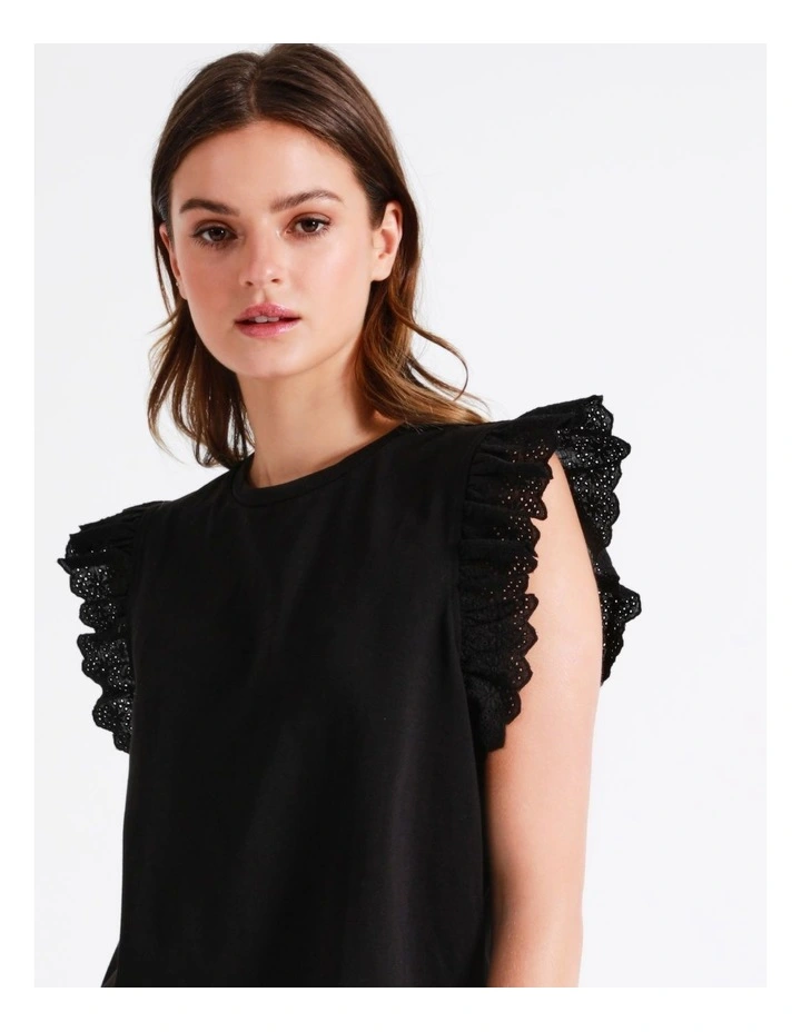 Organic Cotton Blend Broderie Sleeve T/Shirt In Black - Image 3