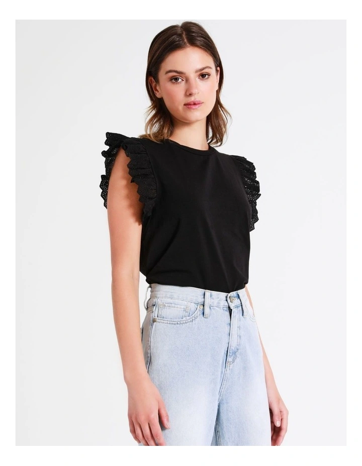 Organic Cotton Blend Broderie Sleeve T/Shirt In Black - Image 4