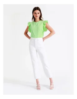 Organic Cotton Blend Broderie Sleeve T/Shirt In Lime