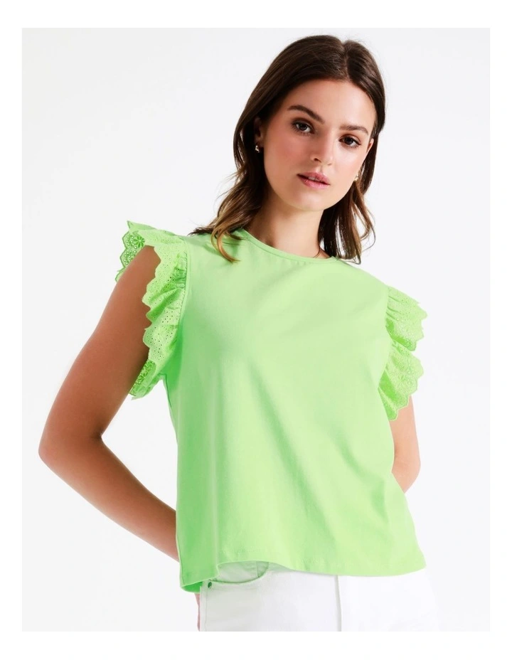 Organic Cotton Blend Broderie Sleeve T/Shirt In Lime - Image 2