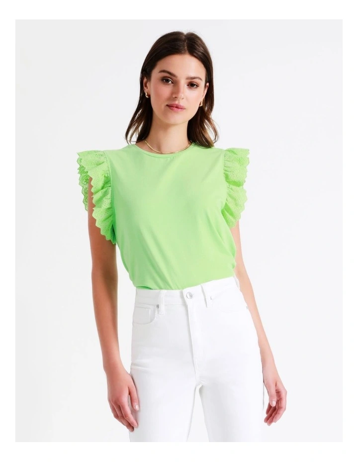 Organic Cotton Blend Broderie Sleeve T/Shirt In Lime - Image 3