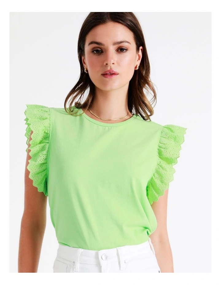 Organic Cotton Blend Broderie Sleeve T/Shirt In Lime - Image 4
