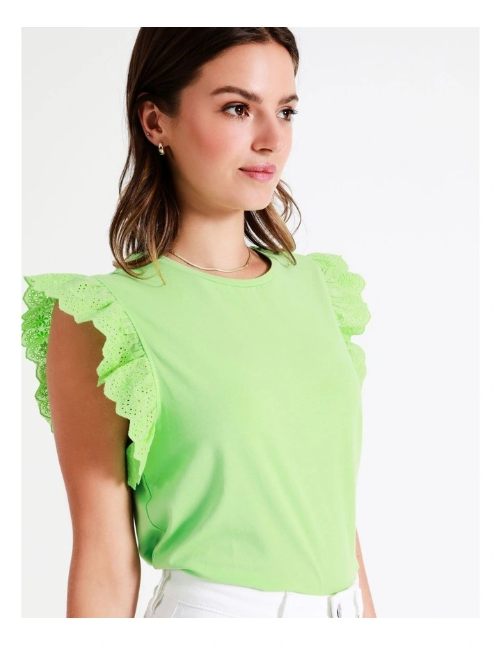 Organic Cotton Blend Broderie Sleeve T/Shirt In Lime - Image 5