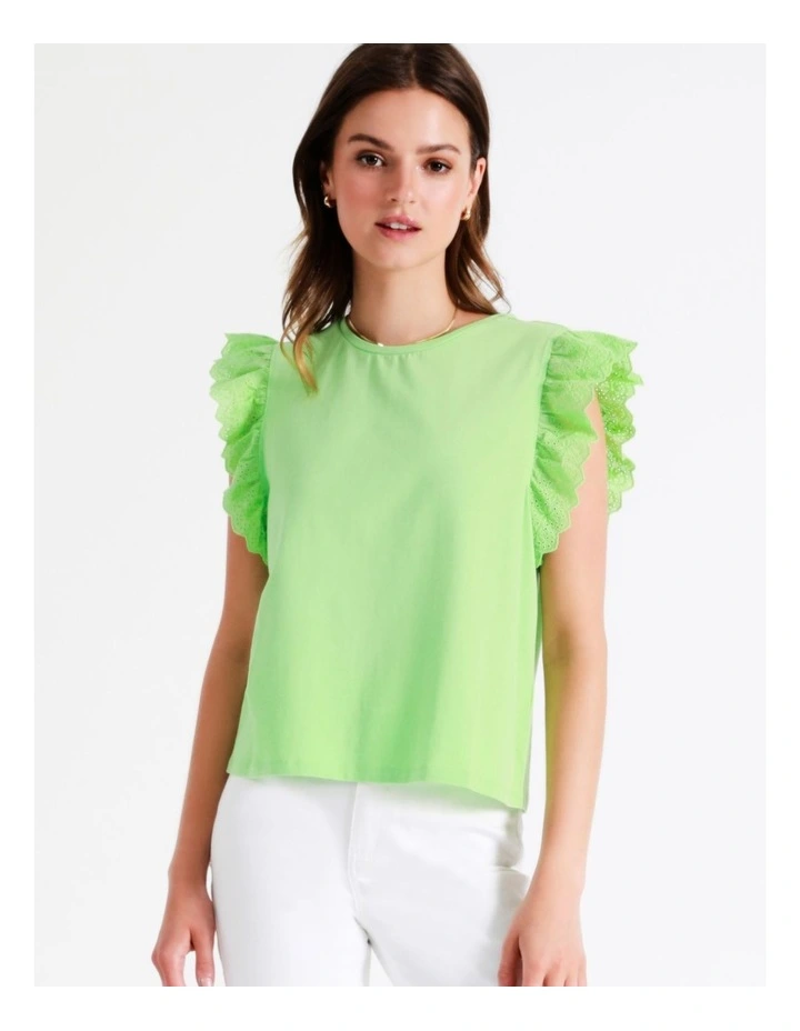 Organic Cotton Blend Broderie Sleeve T/Shirt In Lime - Image 6