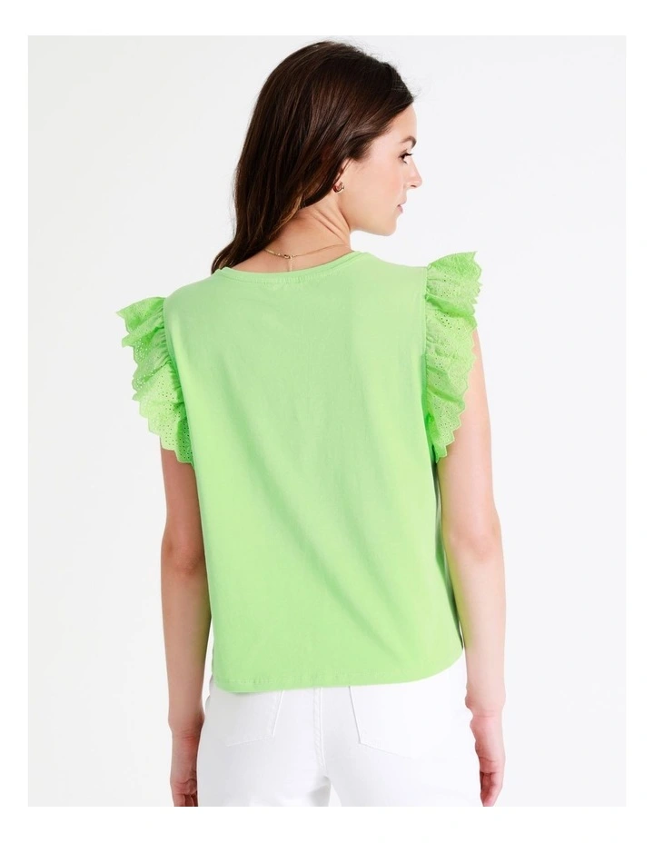 Organic Cotton Blend Broderie Sleeve T/Shirt In Lime - Image 7