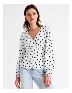 Button Through Blouson Sleeve Top In White