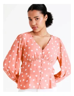 Button Through Blouson Sleeve Top In Apricot