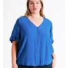 Frill Sleeve Button Through Top In Cobalt