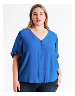 Frill Sleeve Button Through Top In Cobalt