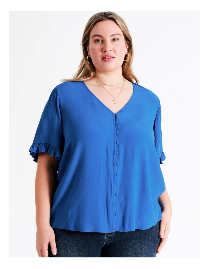 Frill Sleeve Button Through Top In Cobalt